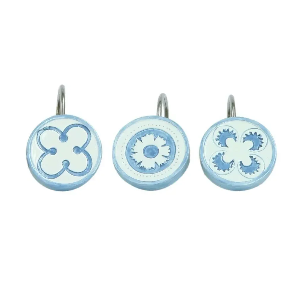 Ceramic Shower Curtain Hooks Set of 12 White Blue Flower Decal NEW